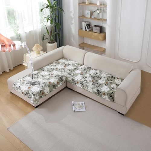 Image of HOKIPO 'Elira Series' Printed Water Repellent + Waterproof Quick Dry L Shape (2+2 Seater) Sofa Seat Cover Mat, Feather Brown Floral (AR-5245-C1 + AR-5246-C1)