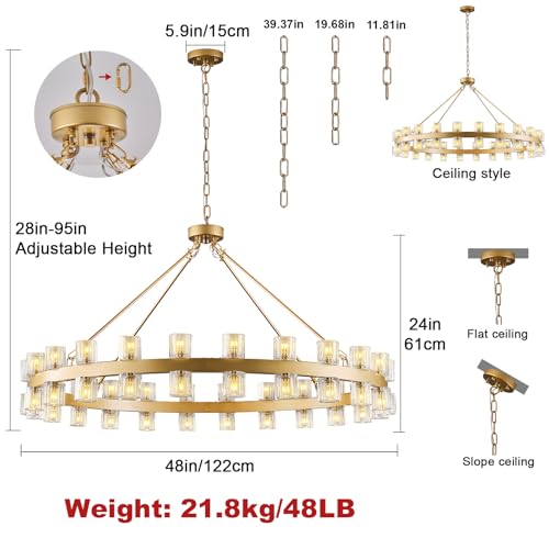 Image of 48 Inch Gold Wagon Wheel Chandelier with Crystal Shade, 48 Lights, Modern Farmhouse Style, Ideal for Dining Room, Kitchen, Entryways