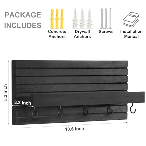 Decorative Key Holder for Wall with Shelf, Entryway Shelf with Hooks Holds Leashes, Jackets and Glasses – Sturdy Wood Keyholder Entrance Hanger with Mounting Hardware (Black) - Image 3