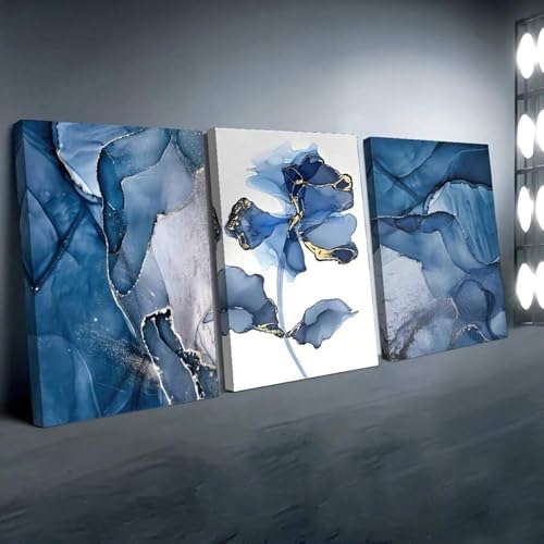 Toile florale abstraite bleue pour salon moderne | Triptyque XINBAO 21x30 cm