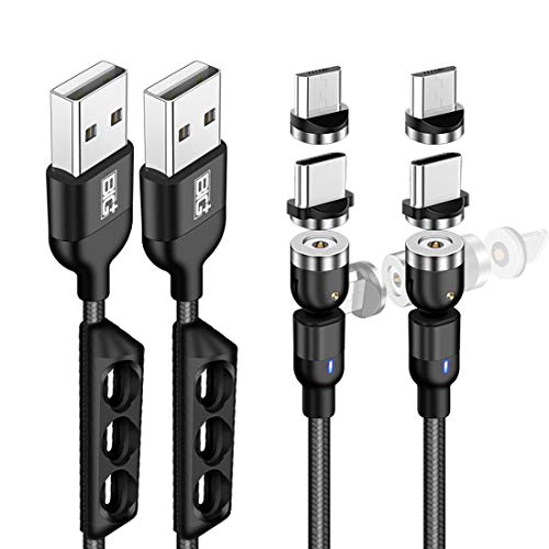BIG+ Magnetic Charging Cable with 360° & 180° Rotating Head [2 Pack] Nylon Braided Compatible Charger for All Androids, Micro USB and USB C Devices, Type C Charger, USB Magnetic Phone Charger Cable