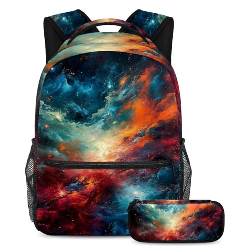 Sac à dos galaxie rouge avec trousse à crayons pour l'école