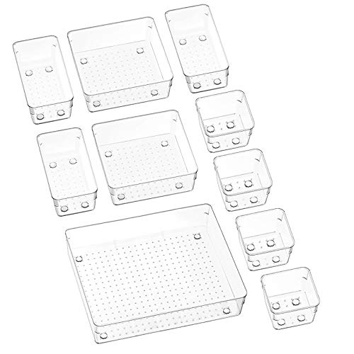 Puricon Scatole Stoccaggio, Set di 10 Scatole Stoccaggio Plastica Multifunzionale Portaoggetti da Scrivania Cassetto Organizer per Cosmetici Ufficio Scrivania Cucina Bagno Camera da Letto -Chiaro