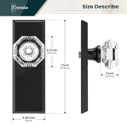 Image of Glass Door Knobs with Single Cylinder Deadbolt Lock Set - Matte Black Crystal Passage Knob for Interior /Exterior Doors - Vintage Diamond Bedroom Bathroom Closet Handles