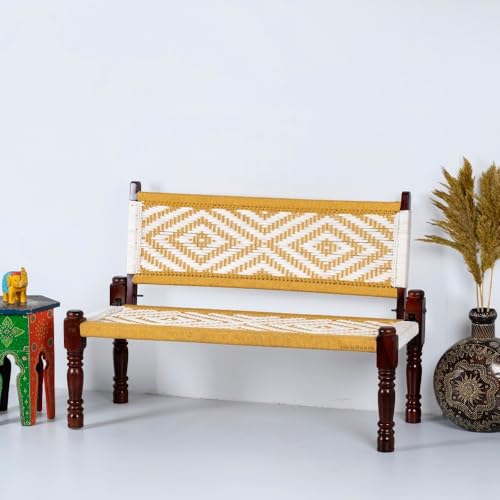 Image of Srima Wooden Bench for Living Room | Handcrafted Sheesham Wood Backrest Bench for Balcony & Garden | Traditional Rajasthani Patio for Outdoor with Cotton Handwoven Rope | Yellow and White