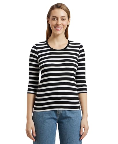 Image of Jockey 1360 Women's Super Combed Cotton Elastane Stretch Slim Fit Striped Round Neck Three Quarter Sleeve T-Shirt