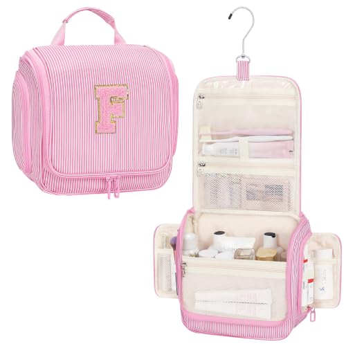 Relavel Hanging Toiletry Bag for Women, Travel Makeup Bag for Girls Kids Gifts Personalized Initial Toiletry Pouch Shower Bag, Travel Essentials Birthday Gifts for Teen Girls, Pink F