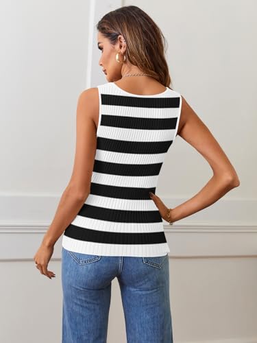 Image of MEROKEETY Women's Summer Square Neck Tank Tops | Sleeveless, Ribbed Knit, Striped Pattern, Slim Fit, Stretchy Soft Sweater Vest Casual Work Outfits
