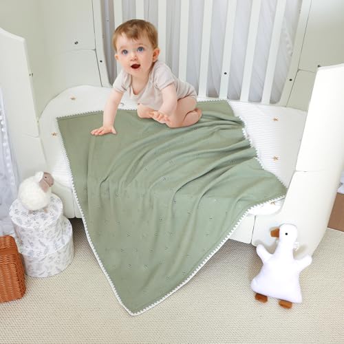 Image of Baby Blanket Knit Ultra Soft Swaddle Receiving Blankets for Boys & Girls Cotton Knitted Newborn Infant Toddler Nursery Crib 30 x 40 Inch