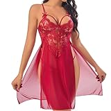 Design unique : chemise de nuit sexy en dentelle pour femme avec bonnets en dentelle sans armatures avec bord en coquillage, bretelles spaghetti délicates, col en V profond, joli nœud, dentelle florale transparente et fente haute à l'ourlet.