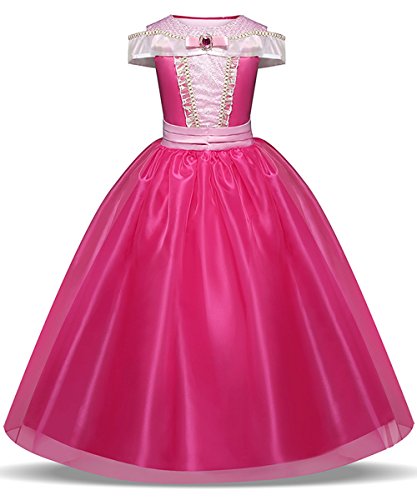 LENSEN Tech Girls Princess Pink Costume Drop Shoulder Halloween Party Long Dress (Hot Pink, 7-8 Years)