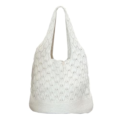 AURAFUL Bolsa de crochê, bolsa de praia de malha, bolsa de ombro de malha, bolsa feminina boho artística de férias, A - Branco, One Size