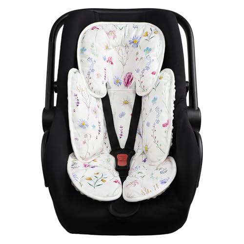 Pea Pod Infant Car Seat Pad 2-in-1 Baby Car Seat Head &amp; Body Support for Newborn Girl Reversible 3 Layer Warm Preemie Carseat Stroller Cushion Headrest with Soft Minky Dot Fabric, Wildflower