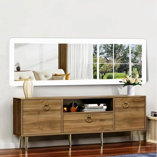 Image of Creative Arts n Frames 15x51 inch Sophisticated White Long Fiber Wood Wall Hanging Mount HD Mirror Home Decor Items Living Room Bathroom Bedroom Hotel Office (Sophisticated White Framed HD Mirror)