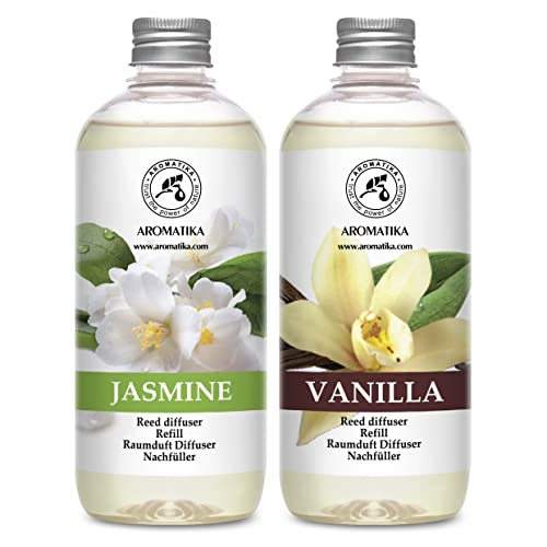 Recharche Diffuseur Roseaux de la Vanille et du Jasmin avec l'Huile Essentielle du Jasmin 1L - 2 x 500ml - Diffuseur de Parfum Set - Parfum Ambiance - Parfum Frais - Desodorisant Maison