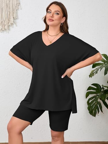 Image of AusLook Women's Plus Size 2 Piece Short Outfits Set Short Sleeve Tops and Shorts Pants Lounge Jogging outfits Matching Set