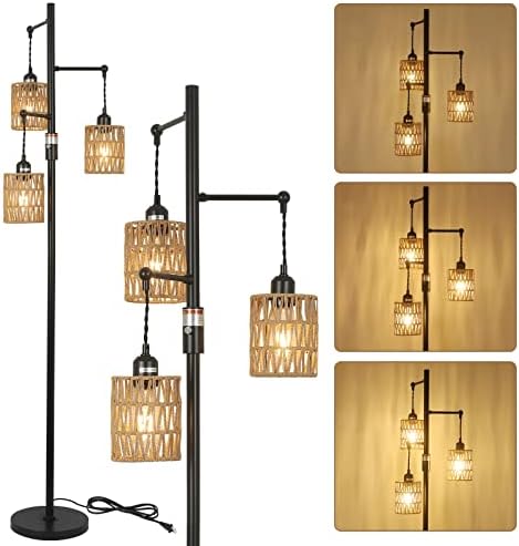 Stepeak Rattan Floor Lamp, 3-Lights Boho Floor Lamp with Stepless Dimmer, 65" Farmhouse Rustic Floor Lamps for Living Room, Tall Tree Floor Lamp with Rattan Shades, Dimmable Standing Lamp for Bedroom