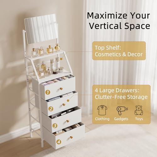 HIGDBFE 2-in-1 Dresser with Mirror, 4 Drawers Vanity Dresser with Storage Shelves, Small Dressers Fabric Chest of Drawers for Bedroom, Vertical Storage Cabinet for Small Space, Hallway, White, 15.3"W by HIGDBFE - Image 5