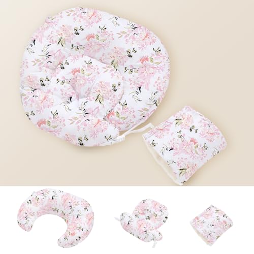 Image of Little Grape Land Nursing Pillow, Multifunctional Breast Feeding Pillow with Arm Pillow, 3pk Baby Support Pillow with Adjustable Waist Strap and Removable Cover, Rose Floral