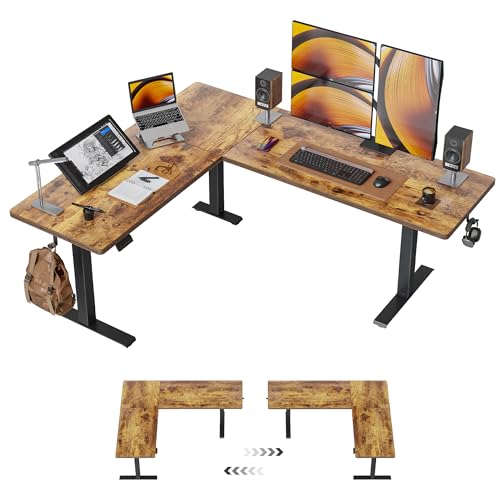 Image of FEZIBO 75x63 L Shaped Standing Desk, Electric Height Adjustable L Shaped Desk, Suitable for Home Office, Vintage-Brown