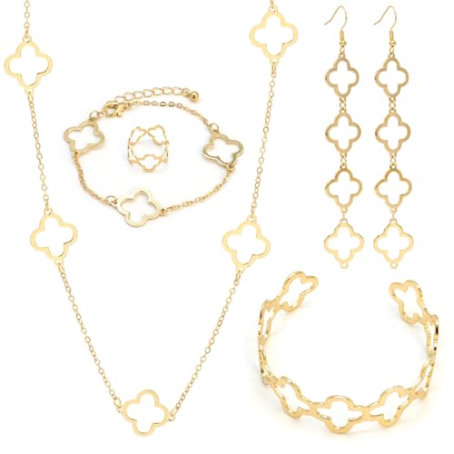 ZENGSING Vierblättriges Kleeblatt Schmuckset für Damen und Mädchen, Gold Anhänger Ohrstecker Ringe Armreif Armband Kettenarmband Set, Geschenke zum Muttertag Geburtstag Weihnachten