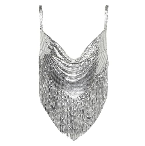 Women's Sparkle Crystal Rhinestone Body Chain Tassels Backless Silver Crop Top Metallic Glitter Halter Sequin Rave Outfit