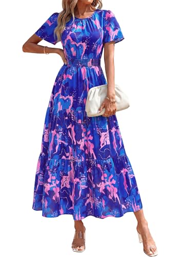 Image of PRETTYGARDEN Women's Casual Smocked Boho Floral A-Line Maxi Dress 2026 | Summer Short Flutter Sleeve Crewneck Tiered Long Sundress,Fall Wedding Guest Dresses,Spring Cute Flowy Beach Vacation Clothes
