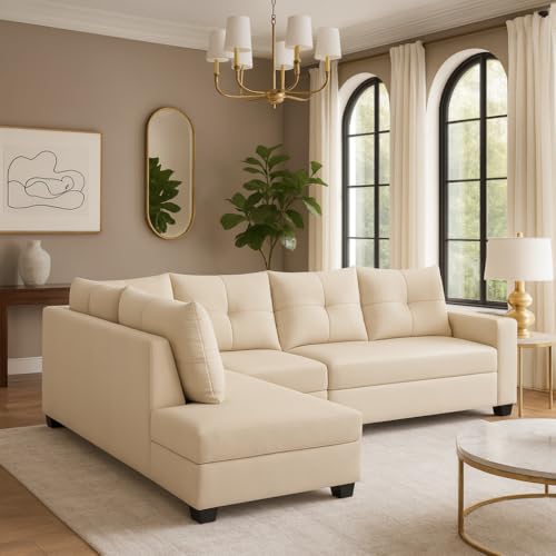 Image of SOCOZI Oriana 6 Seater LHS L Shape Sofa Set | Soft Velvet Suede Fabric | Modern Design | Plush Comfort Cushions for Living Room (Cream)
