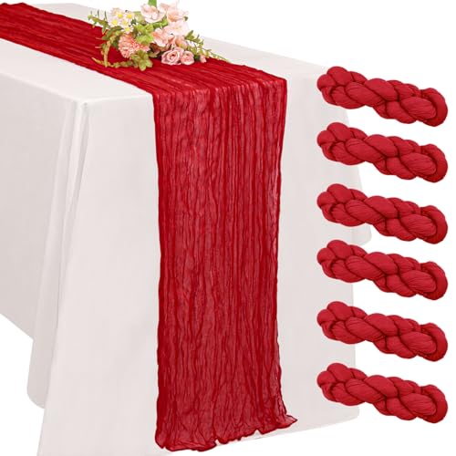 6 Pack 10FT Cheesecloth Table Runner 20 x 120 inch Long Boho Rustic Gauze Romantic Cheese Cloth Sheer Table Runner for Wedding Dining Event Birthday Anniversary Party Decoration(Red)
