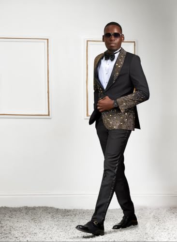 2 Piece Men's Tuxedo Black Suits Luxury Gold Beads Slim Formal One Button Blazers Jacket Pants Sets for Prom 5