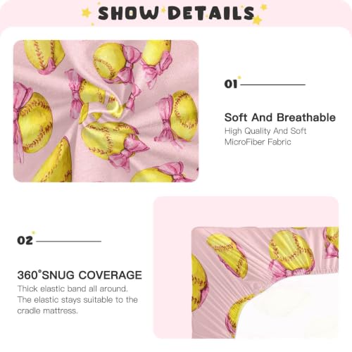Image of Bow Softballs Baseball Crib Sheets Soft Breathable Fitted Baby Crib Sheets Mattress Cover for Girls Boys, 52 inch x 28 inch x 9 inch