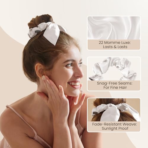Image of THXSILK 100% Mulberry Silk Bow Scrunchies 3-Pack, 22 Momme Mulberry Silk Hair Ties for Women, Cute Bunny Ear No Damage Ponytail Holders, Fashion Hair Accessories for Girls(M, Pearl White)