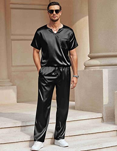 Ekouaer Short Sleeve Pajamas Set For Men Satin Silk Long Pant Pj Set Sleepwear Two Piece Nightwear Black L #TOP1