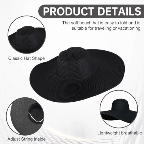 QUUPY Chapeau de paille à large bord pour femme, UPF 50, pliable, enroulable, chapeau de plage, chapeau de soleil, paille, Noir, Noirs., 23 – vue 3