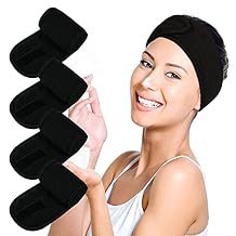 Facial Spa Headbands 4PCS, Makeup Shower Bath Wrap Sport Headband Terry Cloth Stretch Towel with Magic Tape Black