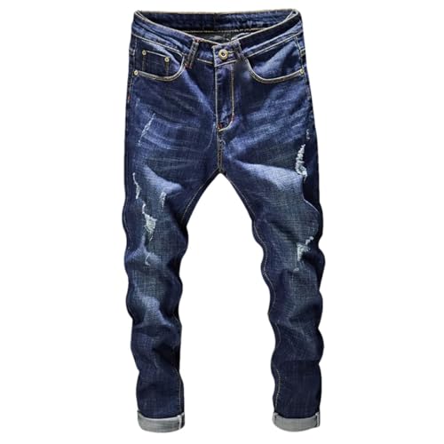 Men Hip Hop Frayed Dark Blue Stretch Slim Fit Distrssed Ripped Denim Pants Clothes Long Trousers