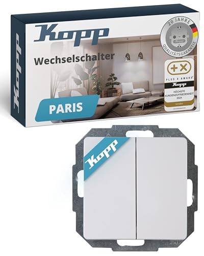 Kopp PARIS Wechselschalter-Unterputz in Arktis-Weiß - Hochwertiger Lichtschalter mit 10AX Schaltvermögen - IP20 Wandschalter mit Wippe & Steckklemmen - Stilvoller Wechsel- & Aus-Schalter 250V~