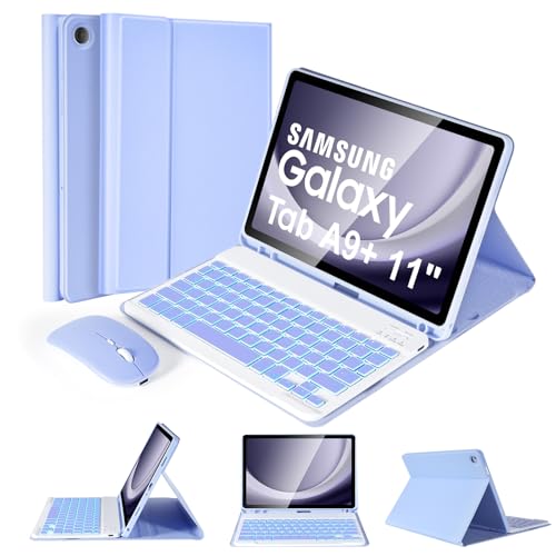 Funda con teclado para Samsung Galaxy Tab A9 Plus 2023 morada con mouse Bluetooth y portalápices
