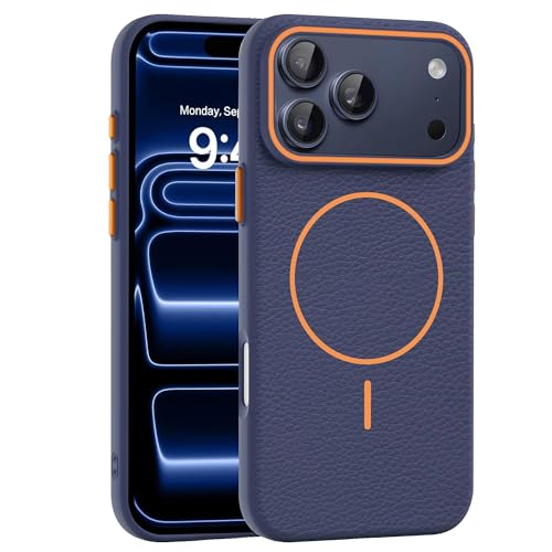 Image of Elzzi New Lychee Texture Magnetic Phone Case for iPhone 17 Pro Max Case, [Compatible with Mag-Safe] Anti Yellow Velvet Lined Premium PC+TPU Back Cover (Navy Blue)