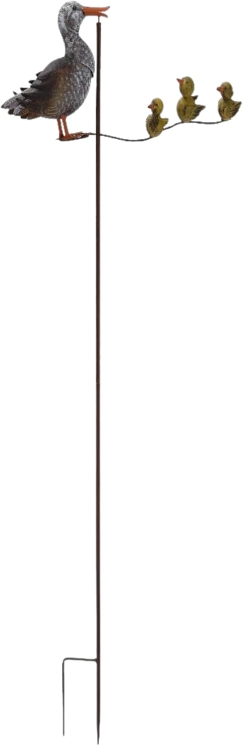 Red Carpet Studios Garden Art Balance Rocker Metal Garden Stake Yard Décor, 49” Tall, Grey Mother Duck with Yellow Ducklings