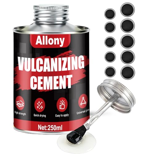 Allony Pegamento Vulcanizante, 250ML Pegamento Neumatico, Kit Pinchazos Coche, 10 Parches, Rápida Adhesión, Cemento con Pincel, Caucho Liquido para Reparación de Neumáticos Cubiertas