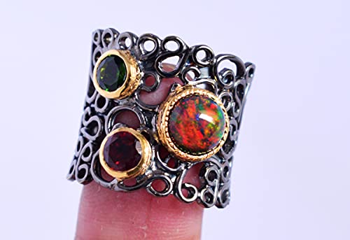 Bague en argent sterling massif avec pierre d'opale noire naturelle de style bohème chic