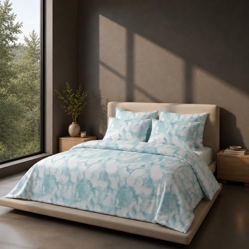 Image of VELOURA Tie-Dye Bedsheet Set, 100% Cotton, King Size 108x108 Inches, 300 Thread Count, with 2 Pillow Covers (Teal)