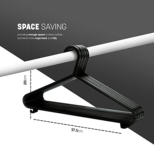 KEPLIN Adult Plastic Coat Hangers - 25pk, Black Colour, Strong Clothes Hangers for Clothes Rail & Closet, Clothing Hanger with Suit Pants Trouser Bar and Clips, Space Saving, 37.5 cm Wide - Image 3