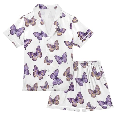 ODAWA Butterflies Purple Satin Pajama Sets Button-Down Short Sleeve 2 Piece Loungewear Set 5-6Y