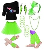 Cizoe Women's 80s Costume Accessories Set，Lips Print Off Shoulder Tops Headband Leg Warmers Fishnet Gloves Printed Leggings (H-80S-Green tutu skirt, M)