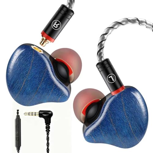 Image of DEMAKE in Ear Monitor with Detachable 3.5mm Cable, with Mic | HiFi IEM, Dual Dynamic Driver Wired Earbuds, Noise Canceling In Ear Headphones for Singers & Audiophiles (Blue Wood Grain)