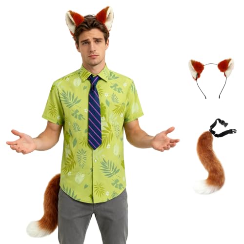 Jaugola Mens Nick Wilde Costume Shirt Tie Plush Ear Tail Hawaiian Printed T-Shirt Halloween Party Fox Outfit Green XL