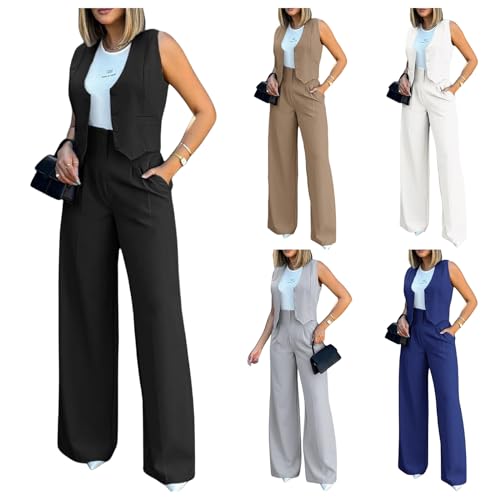 Women Suits 2 Piece Set Business Sleeveless Blazer Vest&Wide Leg Pants Sets Casual Elegant Work Office Trendy Outfits