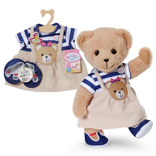 BABY born Teddy Abito a righe con applicazione di orsetto e scarpe abbinate - Per bambole di 43 cm - Da 3 anni